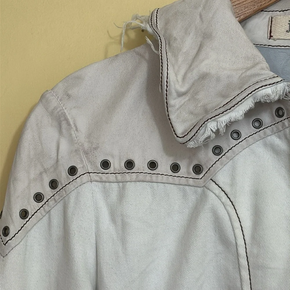Jakket NY | Cream White Leather & Twill Riveted Studded Zip Pocket Moto Jacket S